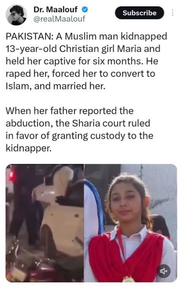 Outrage as Sharia court rules in favour of granting custody of Christian girl, 13, to Muslim man, 30, who kidnapped her, married her, and forcefully converted her to Islam